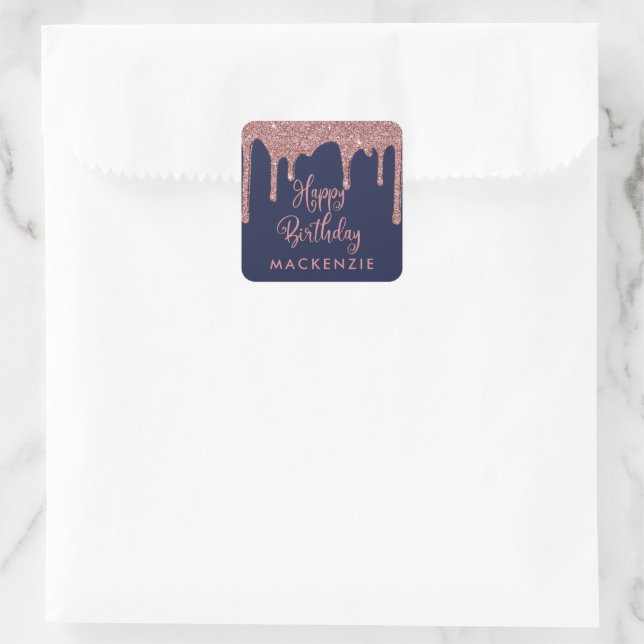 Navy Blue Rose Gold Sparkle Glitter Drips Birthday Square Sticker (Bag)