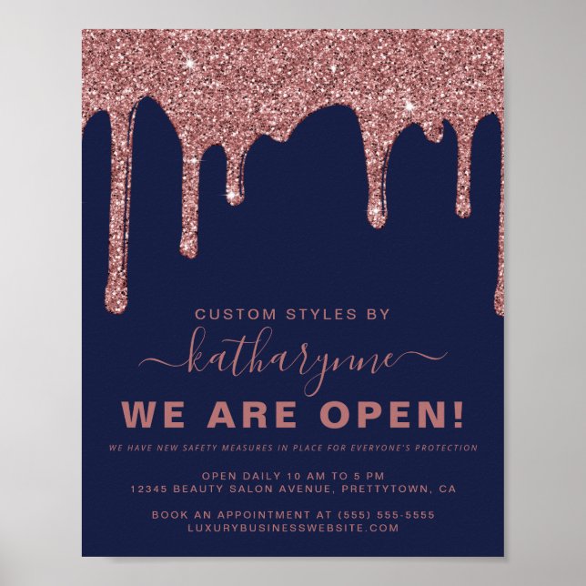 Navy Blue Rose Gold Sparkle Glitter Drips Business Poster (Front)