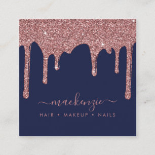 Navy Blue Rose Gold Sparkle Glitter Drips Luxury Square Business Card