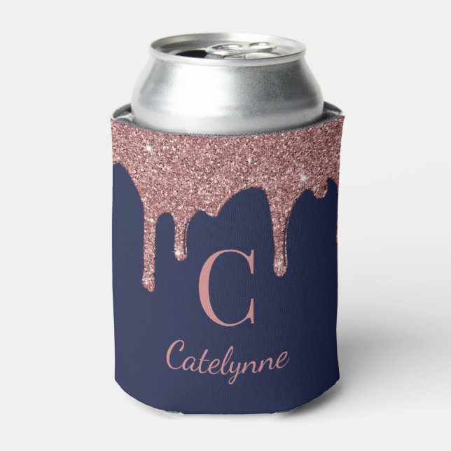 Navy Blue Rose Gold Sparkle Glitter Drips Monogram Can Cooler (Can Front)
