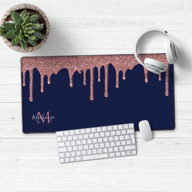 Navy Blue Rose Gold Sparkle Glitter Drips Monogram Desk Mat (Rose Gold Glitter Dripping onto a chic navy blue background with your custom name and monogram.)