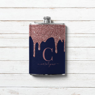 Navy Blue Rose Gold Sparkle Glitter Drips Monogram Hip Flask
