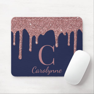 Navy Blue Rose Gold Sparkle Glitter Drips Monogram Mouse Mat