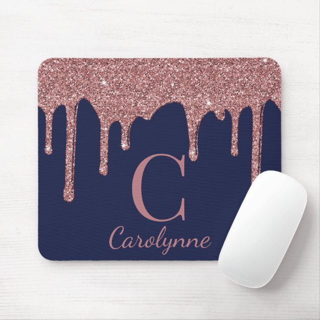 Navy Blue Rose Gold Sparkle Glitter Drips Monogram Mouse Mat (With Mouse)