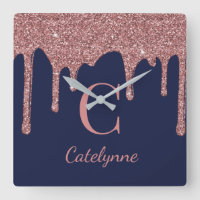 Navy Blue Rose Gold Sparkle Glitter Drips Monogram
