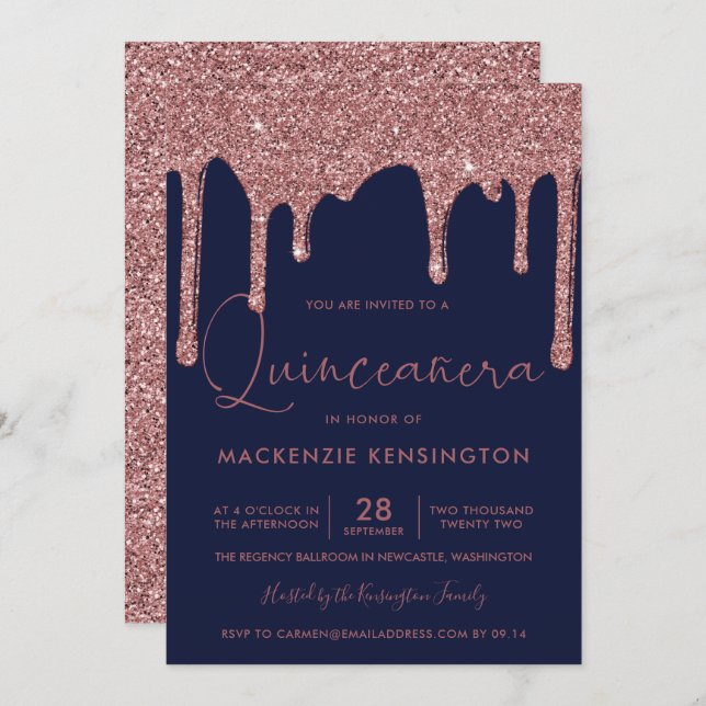 Navy Blue Rose Gold Sparkle Glitter Drips Quince Invitation (Front/Back)