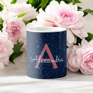 Navy Blue & Rose Gold Sparkle Glitter Monogram Coffee Mug