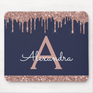 Navy Blue Rose Gold Sparkle Glitter Monogram Mouse Mat