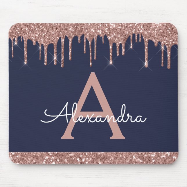 Navy Blue Rose Gold Sparkle Glitter Monogram Mouse Mat (Front)