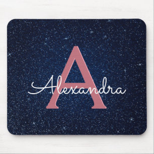 Navy Blue & Rose Gold Sparkle Glitter Monogram Mouse Mat