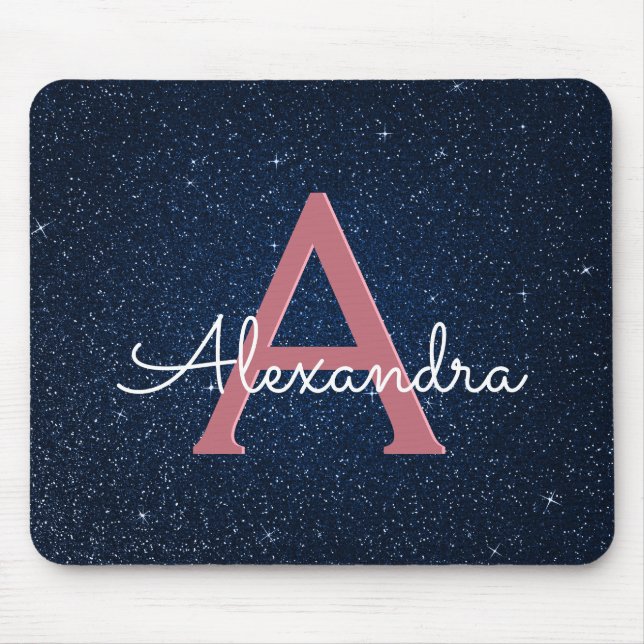 Navy Blue & Rose Gold Sparkle Glitter Monogram Mouse Mat (Front)