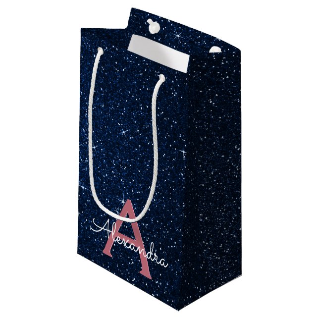 Navy Blue & Rose Gold Sparkle Glitter Monogram Small Gift Bag (Front Angled)