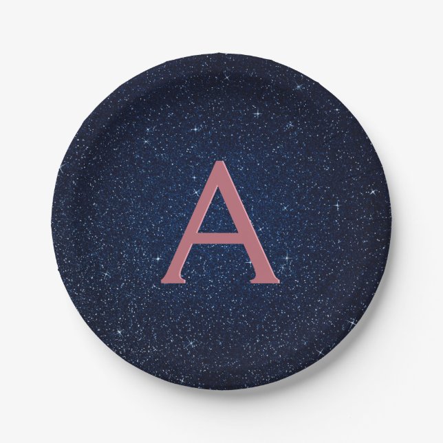 Navy Blue & Rose Gold Sparkle Monogram Initial Paper Plate (Front)