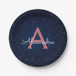 Navy Blue & Rose Gold Sparkle Monogram Initial Paper Plate