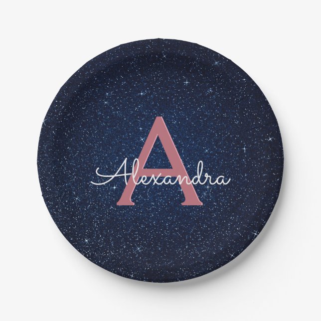 Navy Blue & Rose Gold Sparkle Monogram Initial Paper Plate (Front)