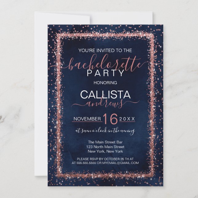 Navy Blue Rose Gold Sprinkle Confetti Bachelorette Invitation (Front)