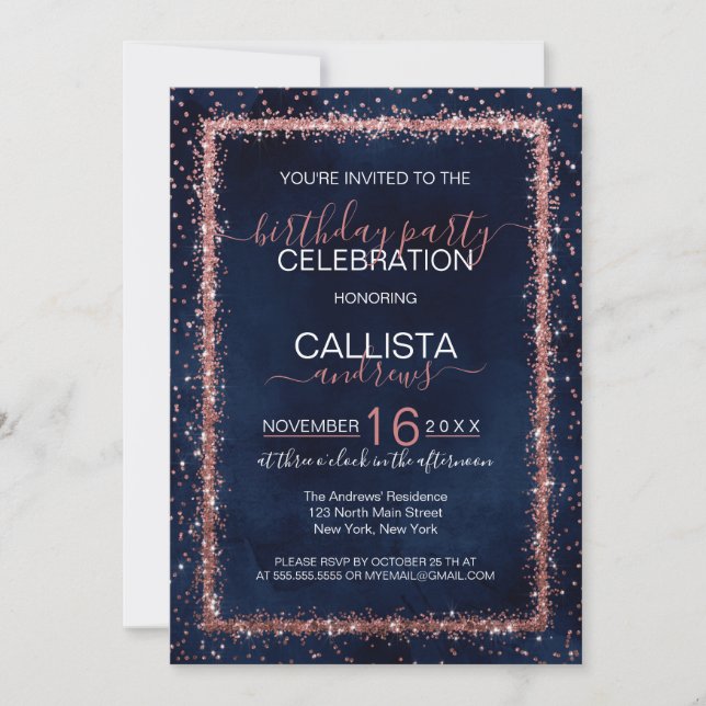 Navy Blue Rose Gold Sprinkled Confetti Birthday Invitation (Front)