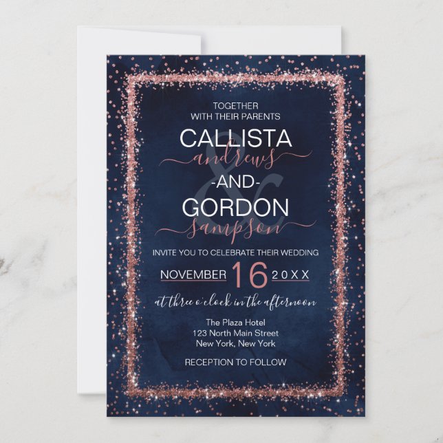 Navy Blue Rose Gold Sprinkled Confetti Wedding Invitation (Front)