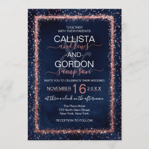 Navy Blue Rose Gold Sprinkled Confetti Wedding Invitation