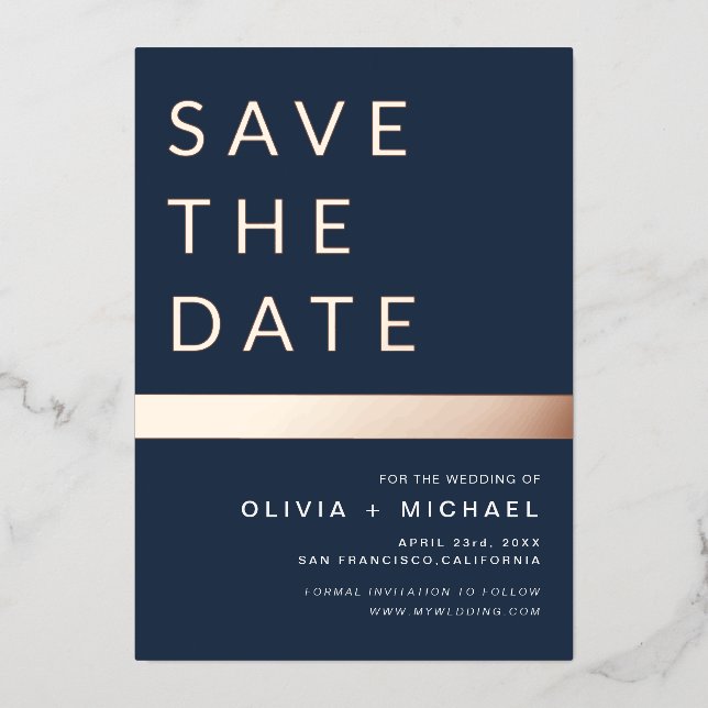 Navy Blue Rose Gold Stripe Save the Date Photo (Front)