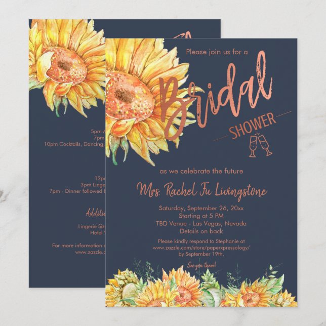 Navy Blue Rose Gold Sunflower Bridal Shower Detail Invitation (Front/Back)