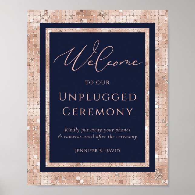 Navy Blue Rose Gold Unplugged Ceremony Sign (Front)
