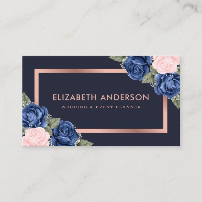 Navy Blue Rose Gold Watercolor Floral Business Card (Front)