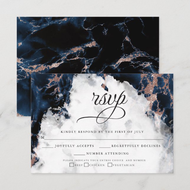 Navy Blue Rose Gold Watercolor Geode RSVP2 Card (Front/Back)