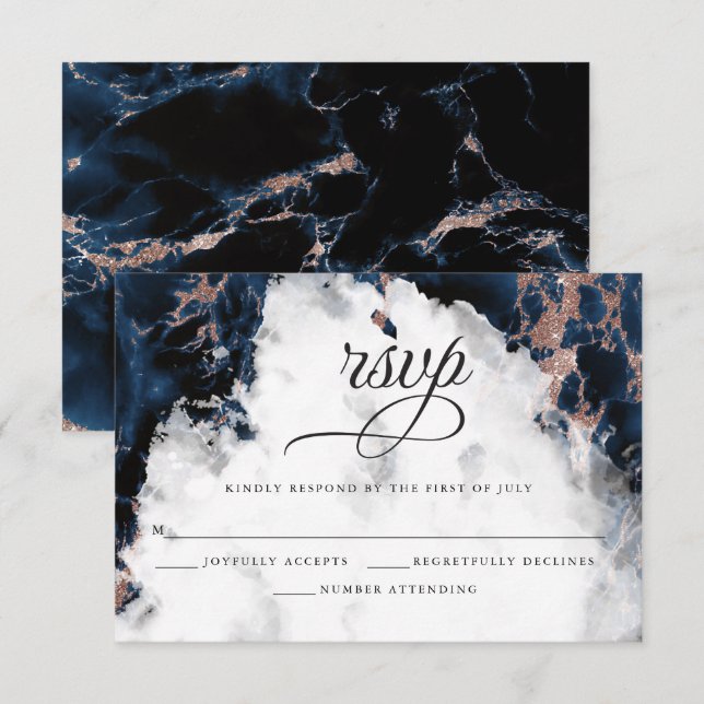Navy Blue Rose Gold Watercolor Geode RSVP Card (Front/Back)