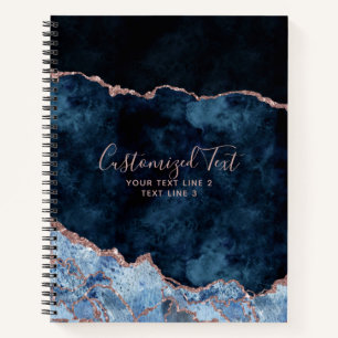 Navy Blue & Rose Gold Watercolor Marble Agate Gilt Notebook