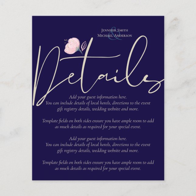 Navy Blue Rose Gold Wedding Details Program Budget (Front)