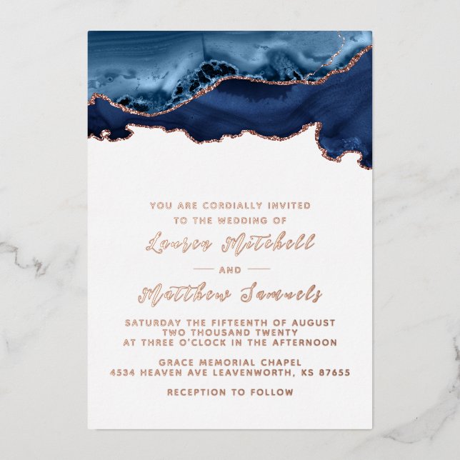 Navy Blue & Rose Gold Wedding Foil Invitation (Front)
