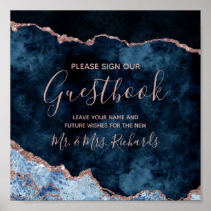 Navy Blue Rose Gold Wedding Guestbook Table Sign