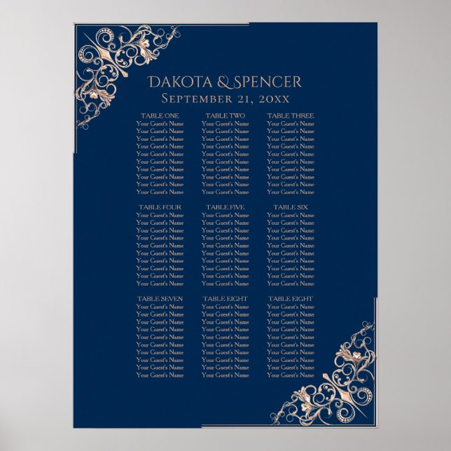 Navy Blue Rose Gold Wedding | Modern Seating Chart (Front)