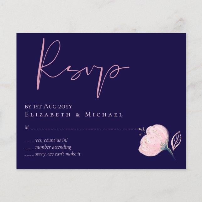 Navy Blue Rose Gold Wedding RSVP Menu (Front)
