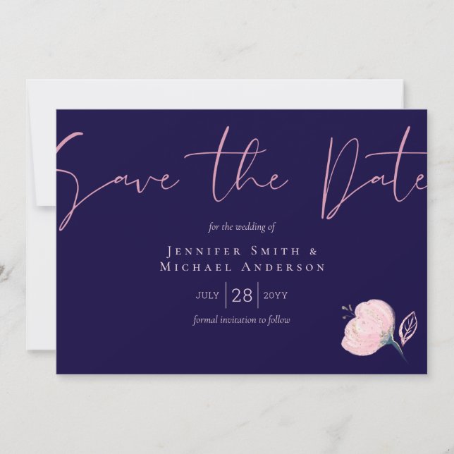 Navy Blue Rose Gold Wedding Save the Date Budget (Front)