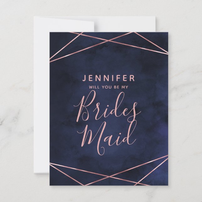 Navy Blue & Rose Gold Will You Be My Bridesmaid Invitation (Front)