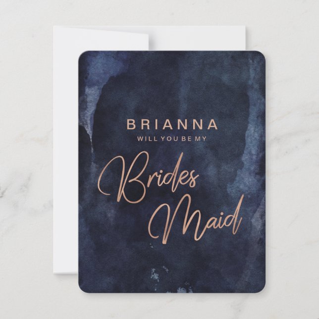 Navy Blue & Rose Gold Will You Be My Bridesmaid Invitation (Front)