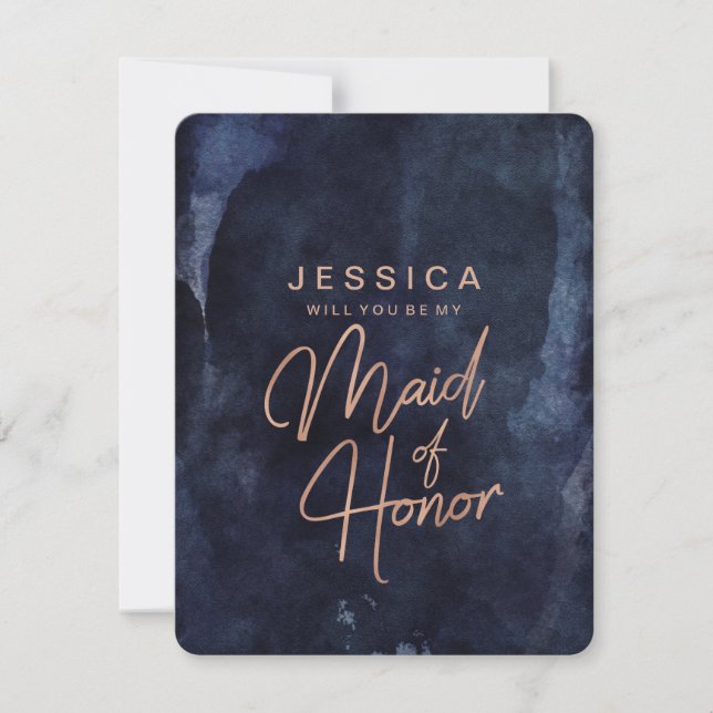 Navy Blue Rose Gold Will You Be My Maid of Honour Invitation (Front)