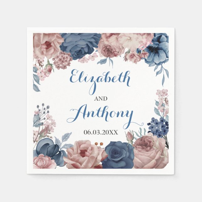 Navy Blue Rose Mauve Watercolor Floral Wedding Napkin (Front)