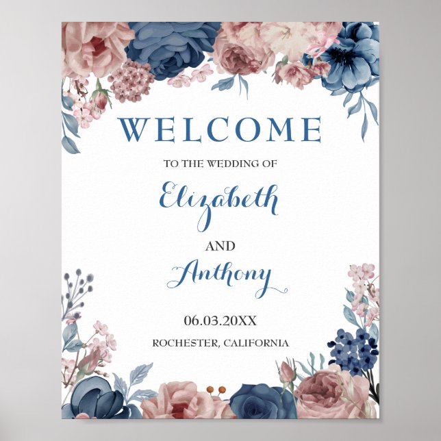 Navy Blue Rose Mauve Watercolor Wedding Backdrop Poster (Front)