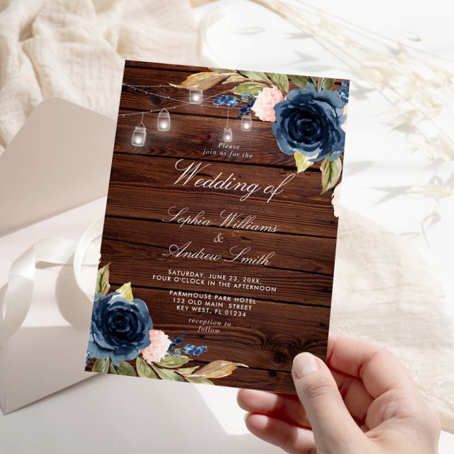 Navy Blue Rose Rustic Wood Wedding Invitation (Creator Uploaded)