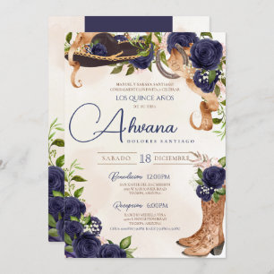 Navy Blue Rose Vintage Charro Western Quinceañera Invitation