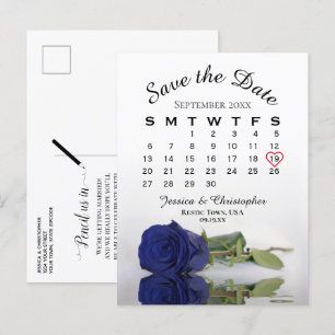 Navy Blue Rose Wedding Calendar Save the Date Announcement Postcard