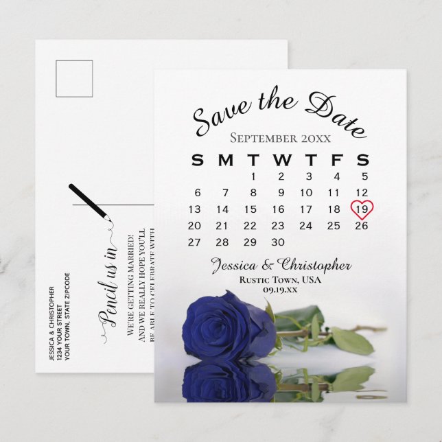 Navy Blue Rose Wedding Calendar Save the Date Announcement Postcard (Front/Back)