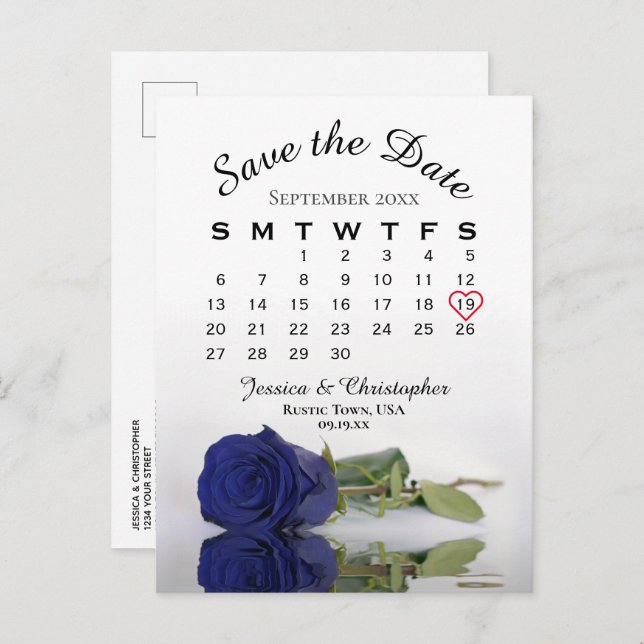Navy Blue Rose Wedding Calendar Save the Date Announcement Postcard (Front/Back)