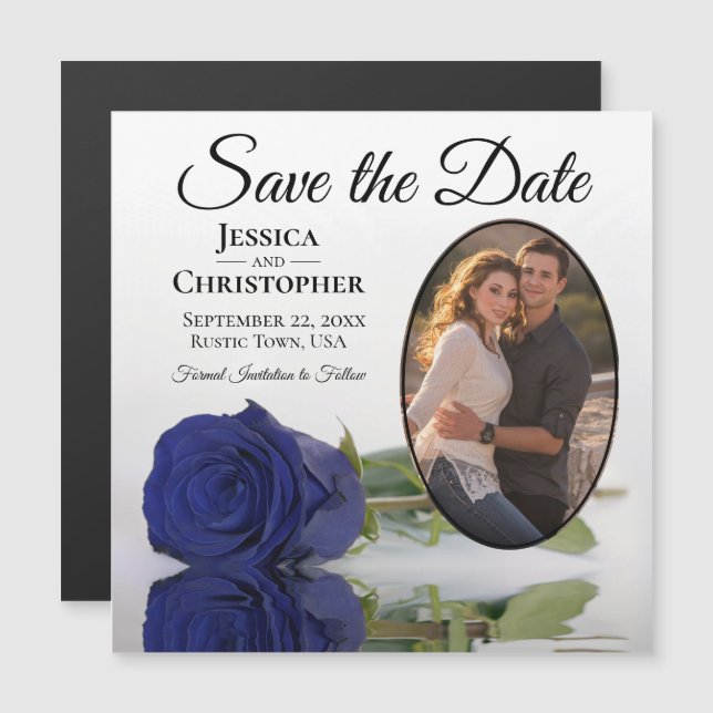 Navy Blue Rose Wedding Save The Date Photo Magnet (Front/Back)