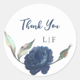 Navy Blue Rose Winter Wedding Thank You Classic Round Sticker