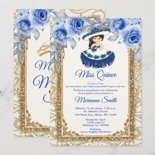 Navy Blue Roses and Gold Quinceañera Invitation