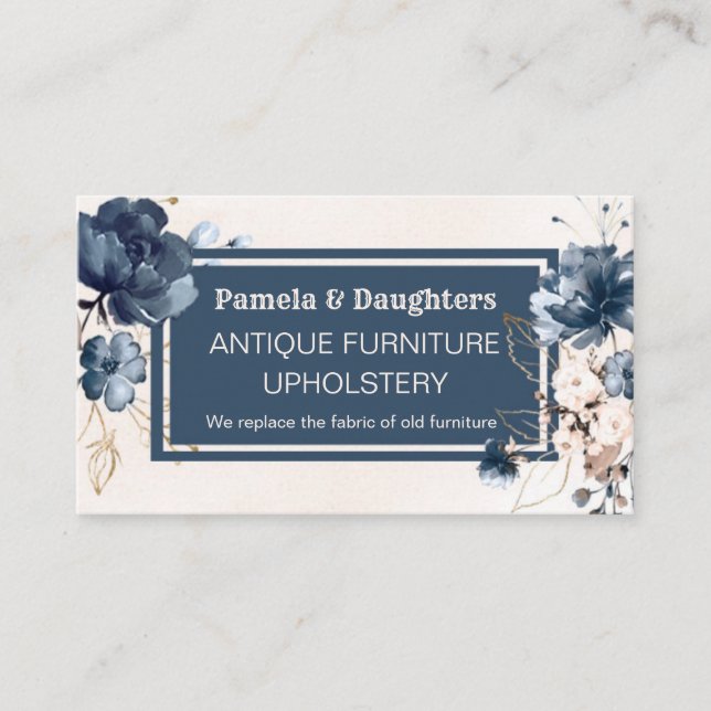 Navy blue roses Antique Furniture Upholstery Business Card (Front)